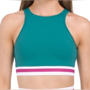Teal High-Neck Sports Bra with Pink Stripe